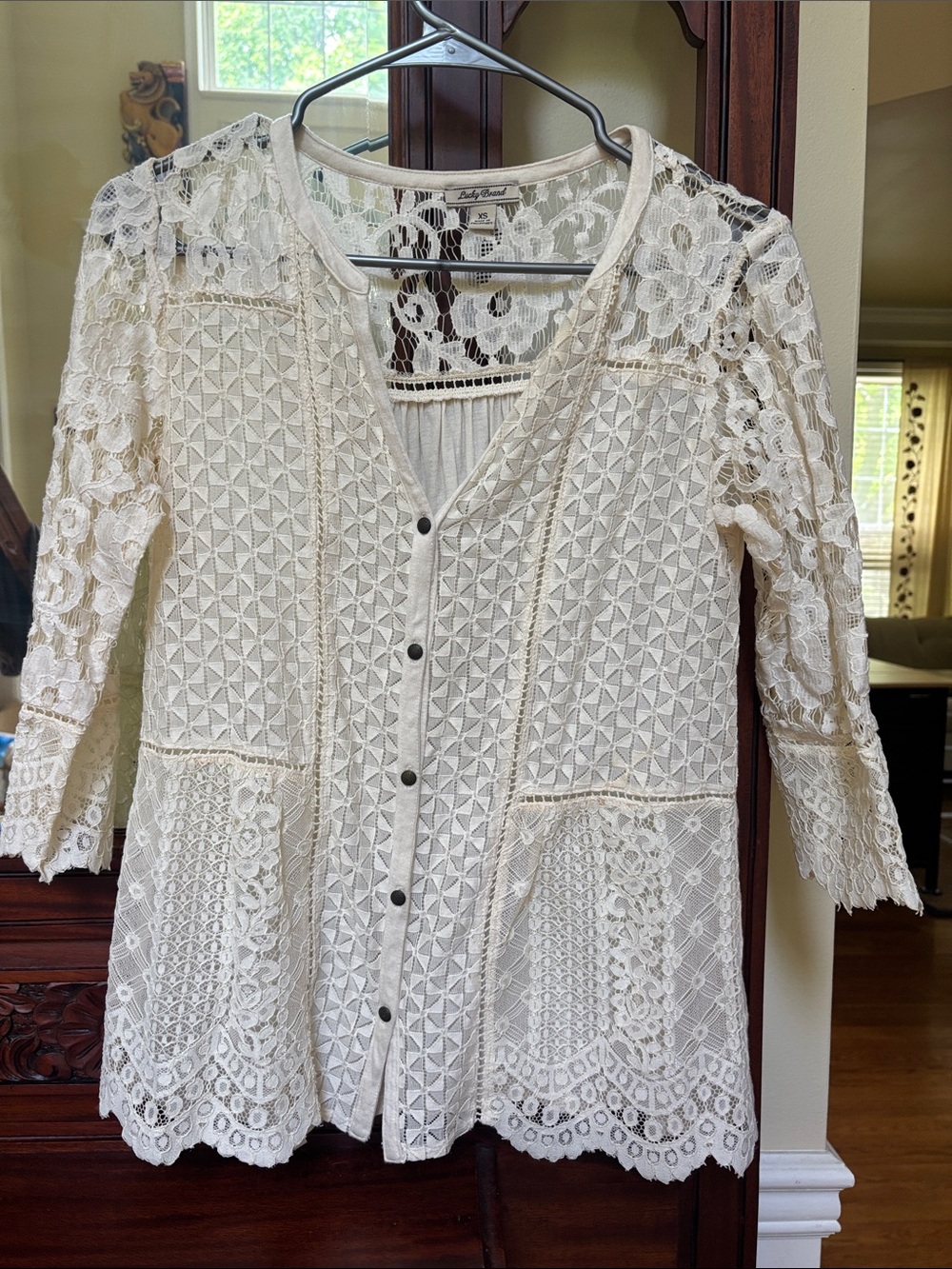 Lucky Brand Ivory Crochet Lace Button-Front Tunic